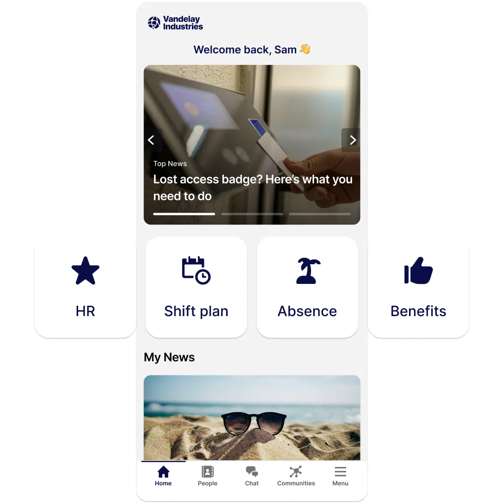 Mobile app interface showing welcome message, news articles, and navigation icons for HR, shift plan, absence, and benefits.
