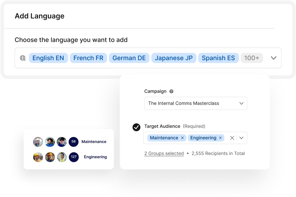 Interface showing language selection options and a campaign setup with target audiences "Maintenance" and "Engineering" selected.