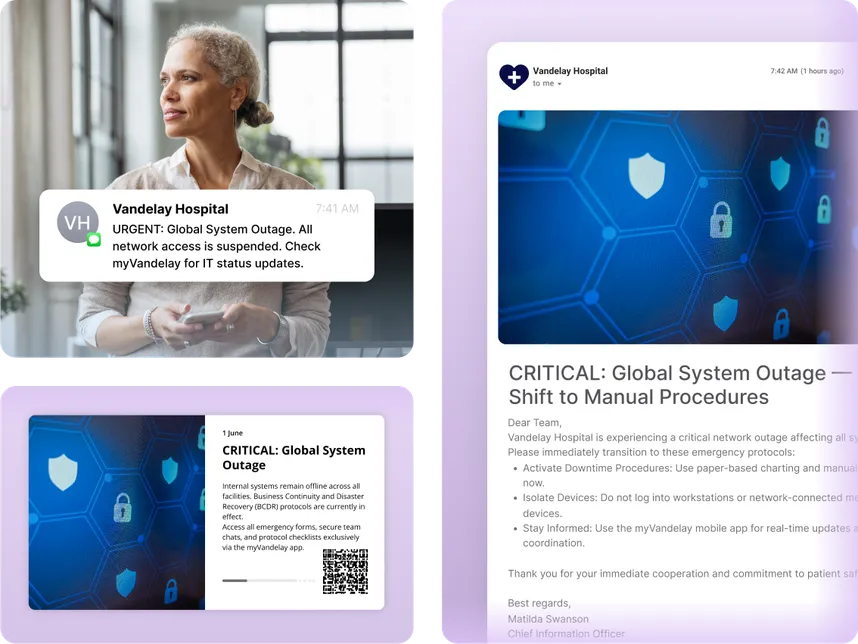 Three images display a hospital alert about a global system outage, featuring a worried professional and a notification on digital devices.