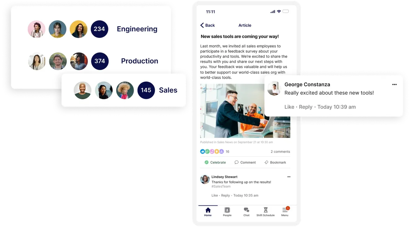Mobile app interface showing social media posts, comments, and department engagement statistics with user avatars.
