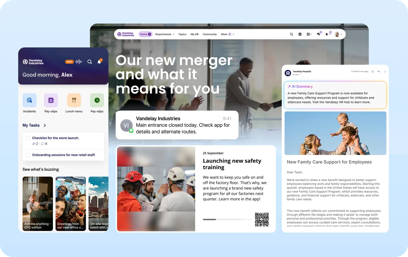Staffbase intranet shown across mobile home screen, desktop homepage with merger news, an email with AI-generated summary, digital signage, and SMS