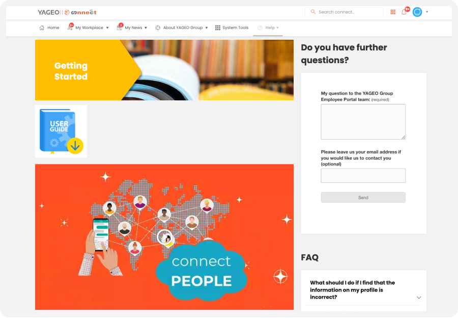 Website page with a "Getting Started" guide, user guide download, question form, and a "Connect People" graphic featuring a world map.