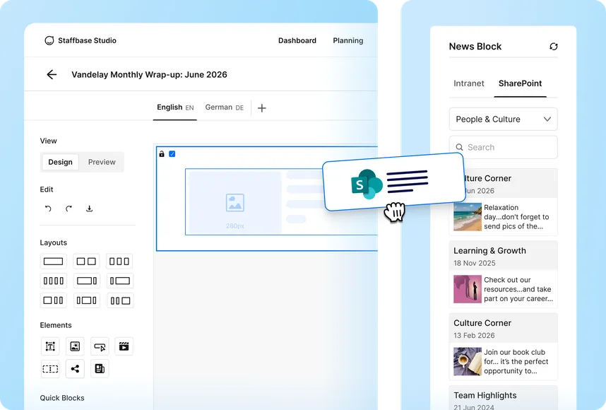 Staffbase Studio email editor showing a SharePoint News Block being added to a Vandelay Monthly Wrap-up newsletter, with Intranet and SharePoint tabs.