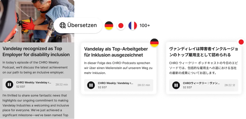 A person using a tablet with translation options in multiple languages, displaying text about Vandelay's recognition as a top employer for inclusion.