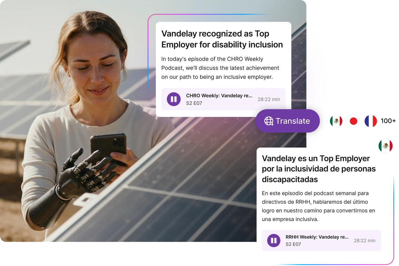 Woman with a prosthetic hand uses a smartphone near solar panels while a company news card appears in English and Spanish with a ‘Translate’ button and language icons