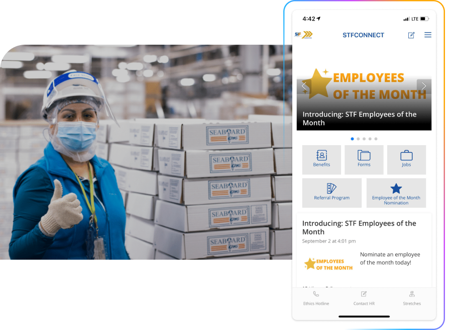 A worker in a factory setting gives a thumbs up near stacked boxes. A smartphone displays an employee recognition app.
