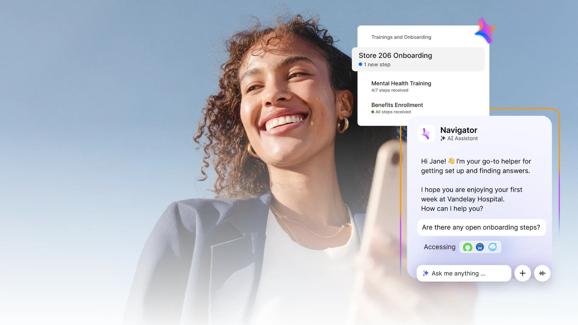 employee onboarding AI-native intranet title image featuring smiling woman and phone features