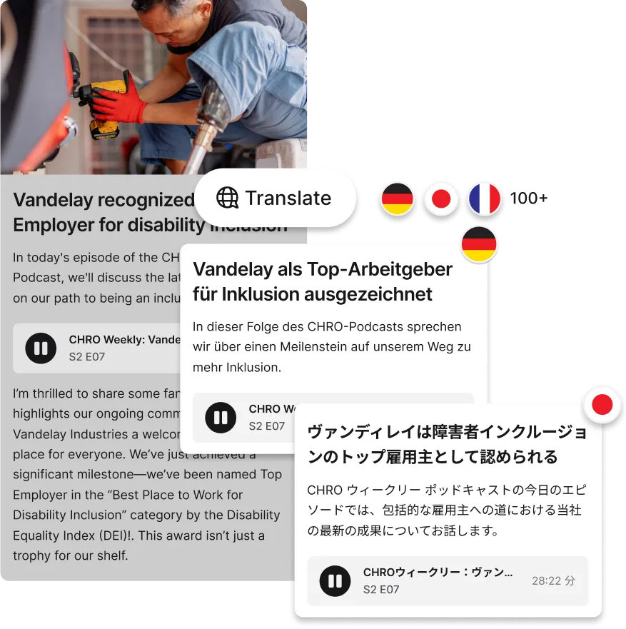 Person using a tablet to translate a podcast episode about disability inclusion, with text in multiple languages displayed.