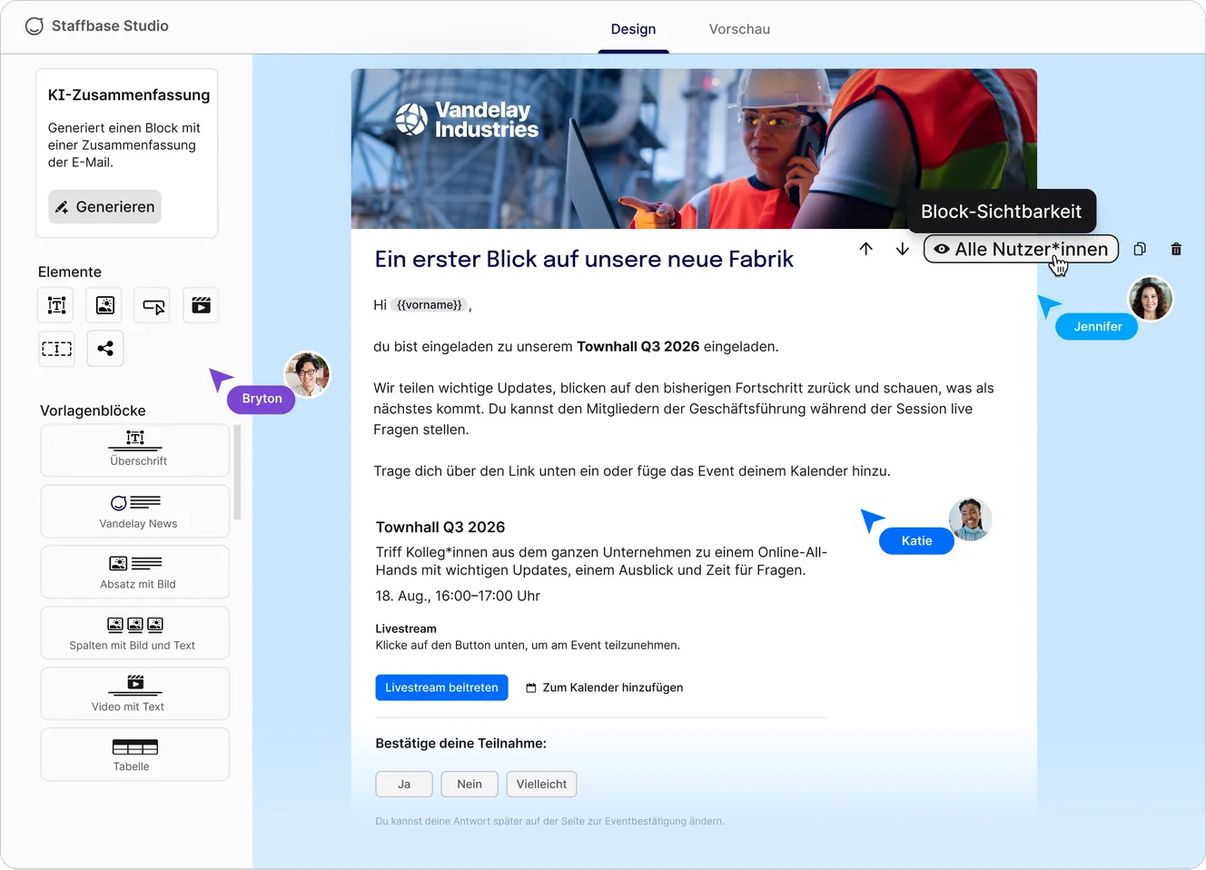 Staffbase Studio E-Mail-Editor mit Live-Zusammenarbeit mehrerer Kolleg*innen an einer Einladung zur Townhall Q3 2026