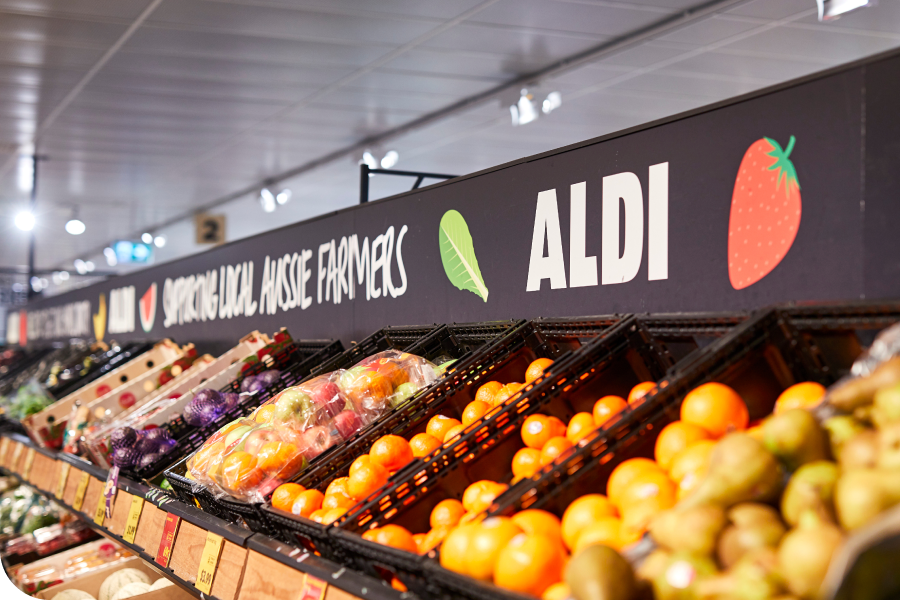 Aldi shelf with vegetables and fruits