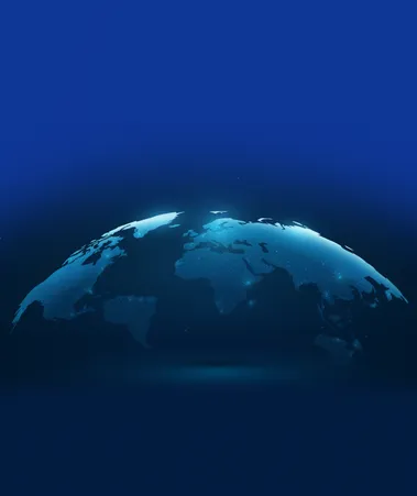 A glowing, semi-transparent globe against a dark blue background, highlighting continents with scattered light points.