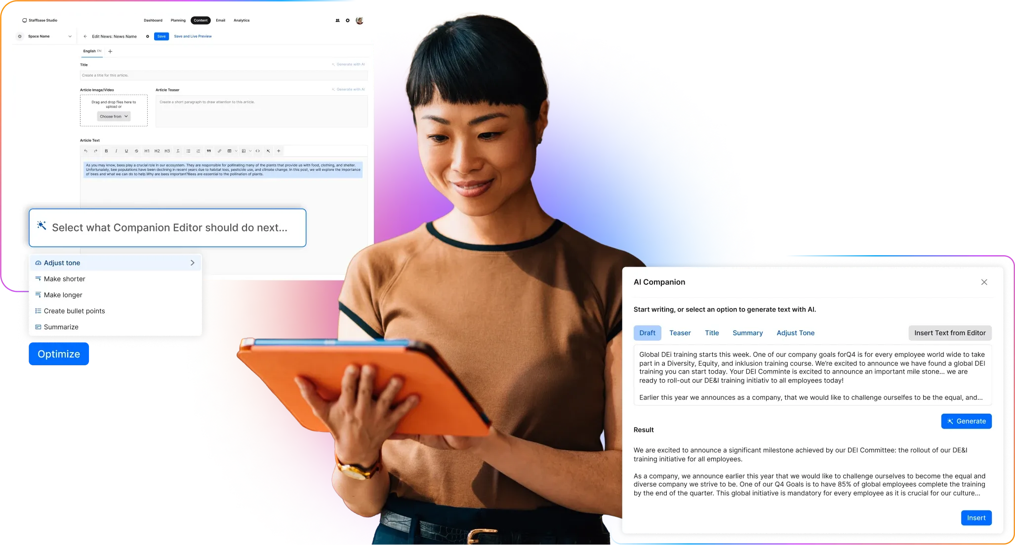 A person holding a tablet interacts with a digital interface displaying AI writing tool options and text generation features.
