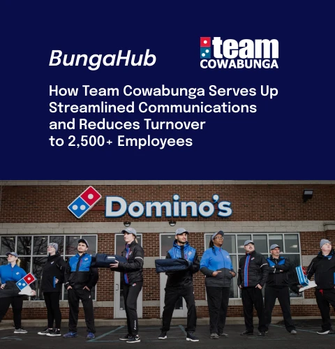 People with pizza outside the building