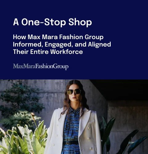 Woman in sunglasses and white coat stands confidently; text above discusses Max Mara Fashion Group's workforce strategy.