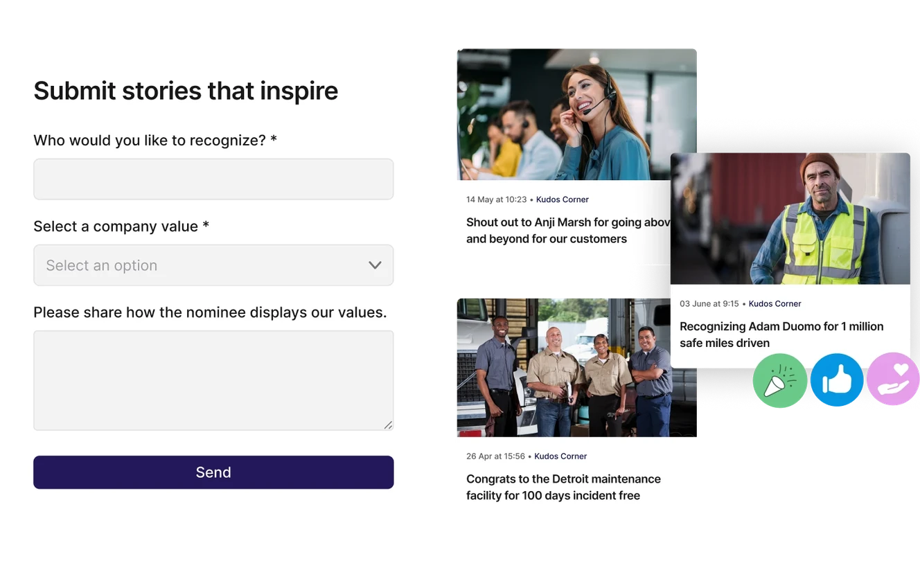A form for submitting inspiring stories and three images of employees being recognized for their achievements with dates and descriptions.