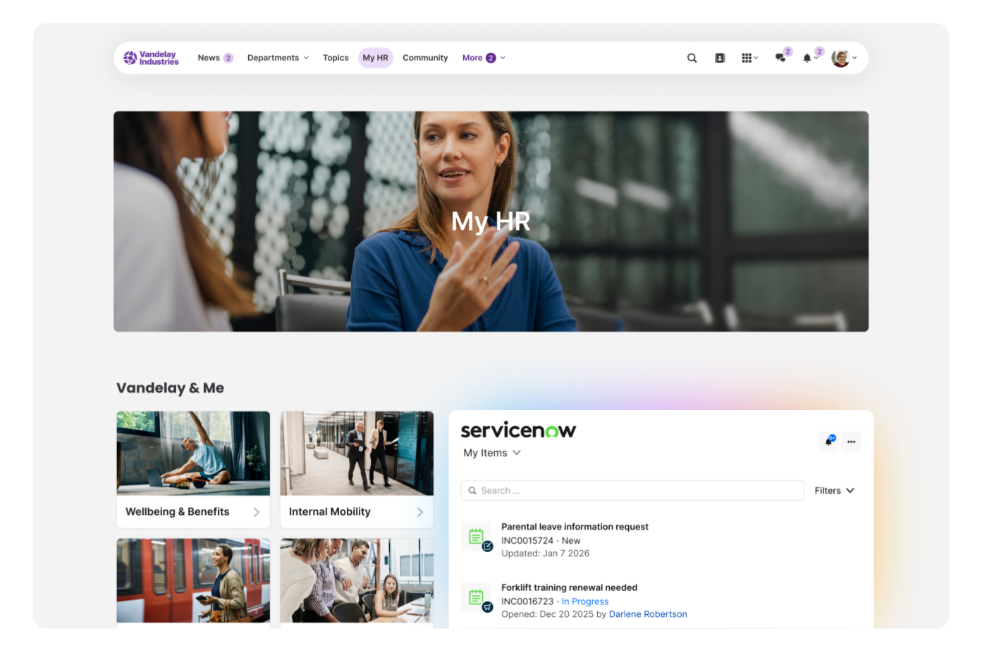 Screenshot eines digitalen Mitarbeiterportals: Oben der Bereich ‚My HR‘ mit einer Gesprächsszene, darunter Kacheln zu Themen wie Wellbeing & Benefits und Internal Mobility sowie rechts eingebundene ServiceNow-Elemente mit persönlichen HR- und Service-Anfragen.