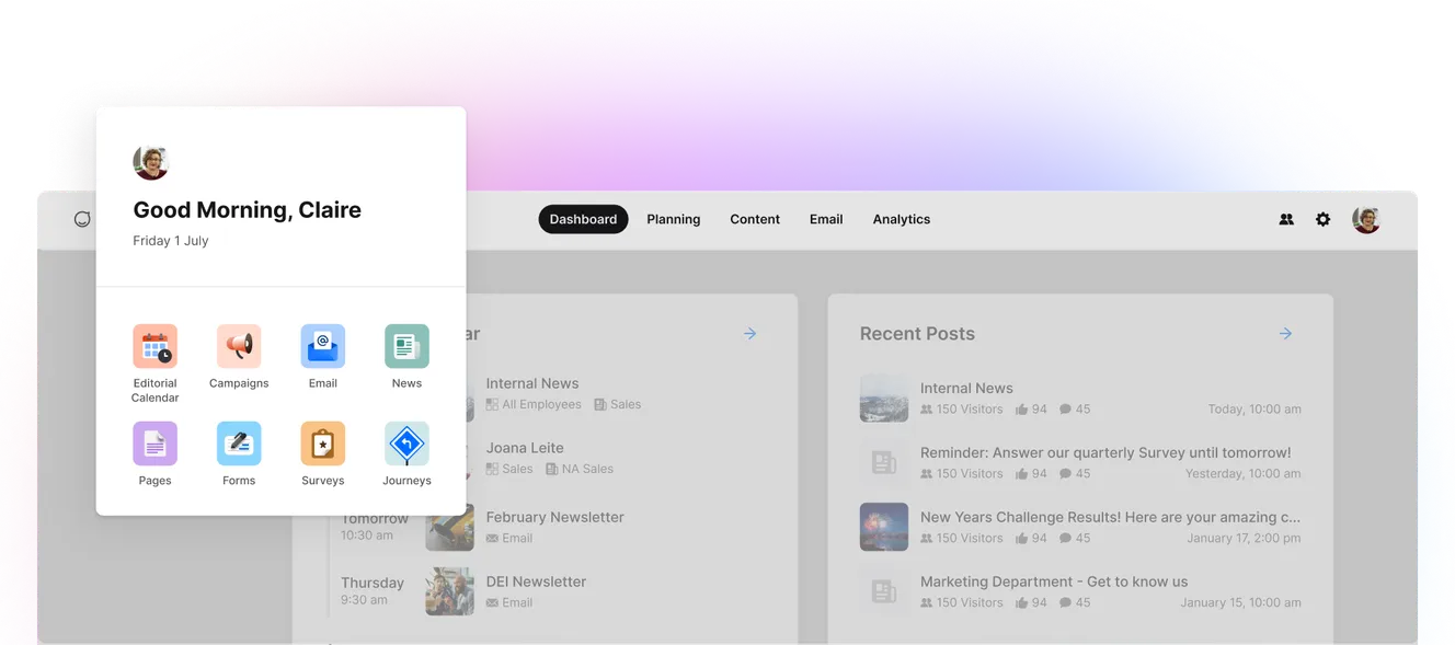 Dashboard interface with a welcome message, navigation menu, and recent posts section. A colorful gradient border surrounds the screen.
