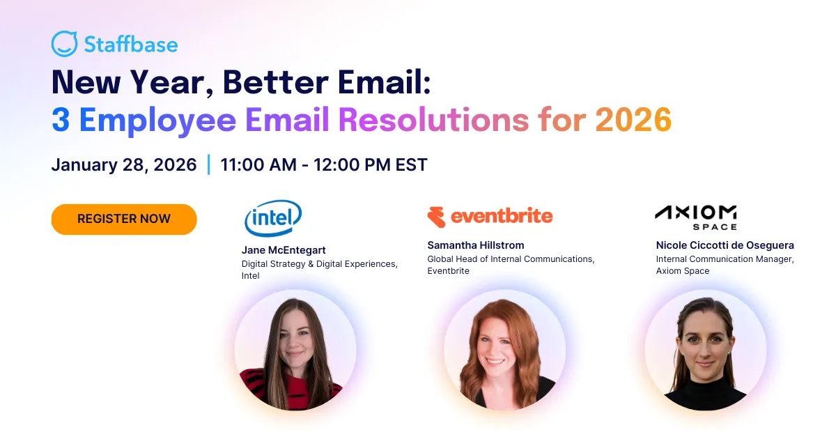 Webinar promotion image titled "New Year, Better Email: 3 Employee Email Resolutions for 2026" with speakers' names and logos.