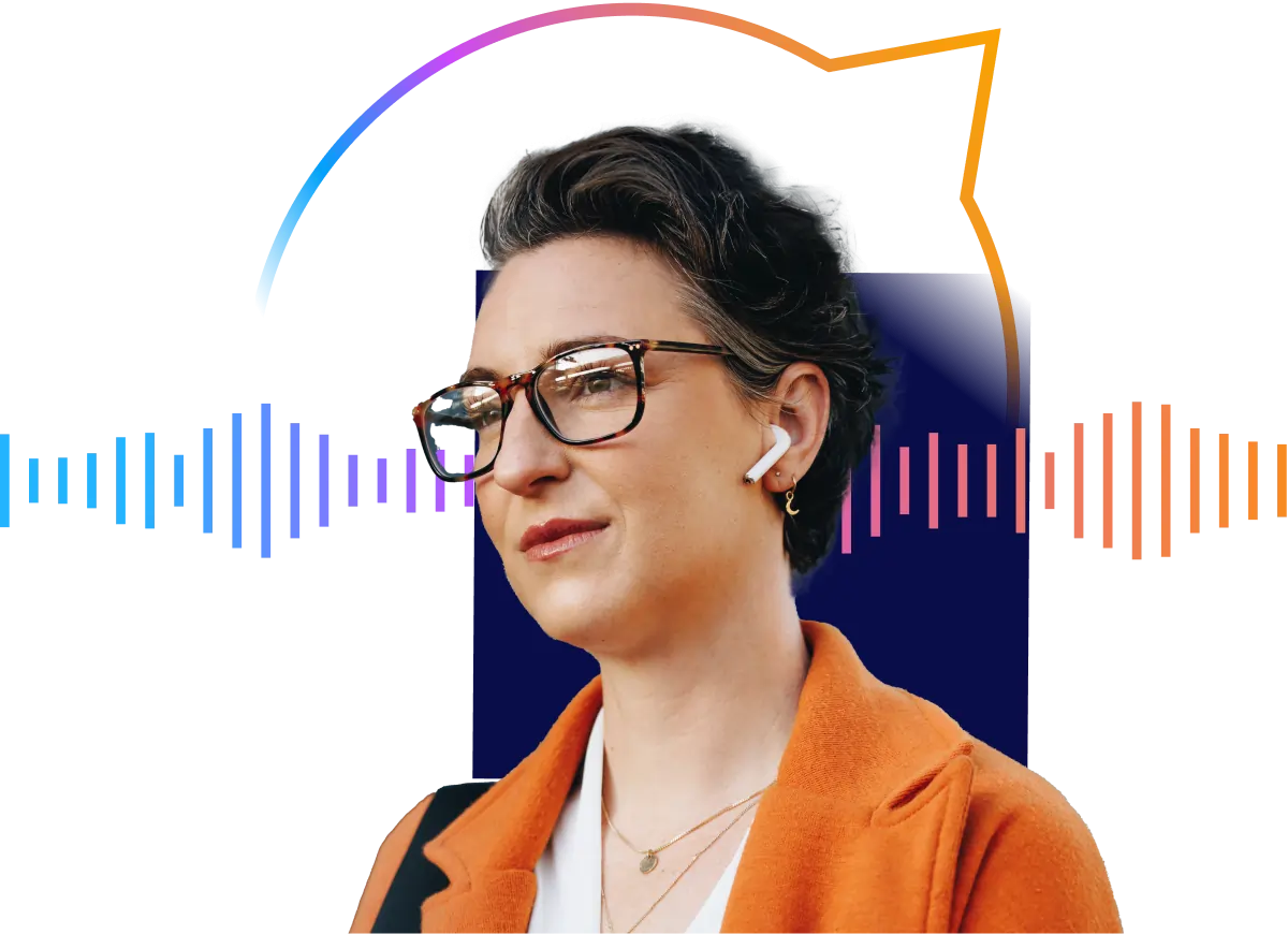 Person with short hair and glasses, wearing earbuds and an orange coat, stands in front of a colorful soundwave graphic.