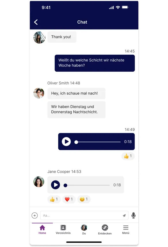 A chat app screen showing a conversation about work shifts, with text and voice messages, and options to like or reply.