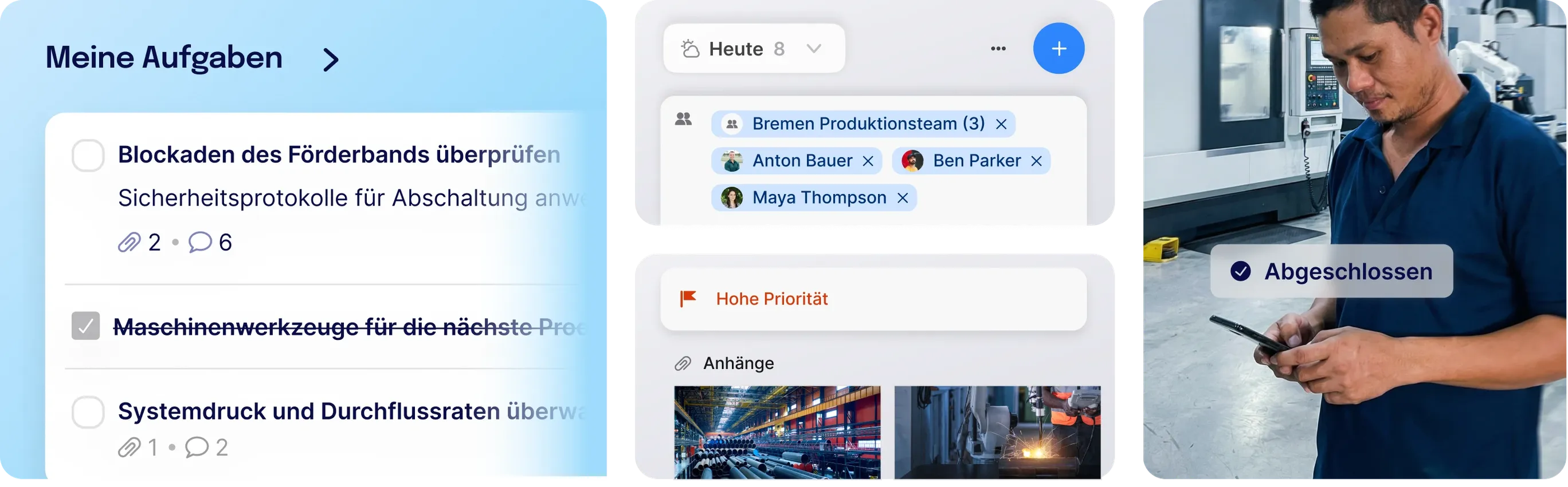 Eine Collage der digitalen Aufgabenverwaltung für Frontline-Mitarbeitende. Sie zeigt eine Aufgabenliste mit dem Titel „Meine Aufgaben“, in der Einträge wie „Blockaden des Förderbands überprüfen“ aufgeführt sind. Zudem sind die Teamzuweisung für das „Bremen Produktionsteam“, ein Bereich mit hoher Priorität sowie ein Foto eines Mitarbeiters zu sehen, der eine Aufgabe an seinem Smartphone als „Abgeschlossen“ markiert.