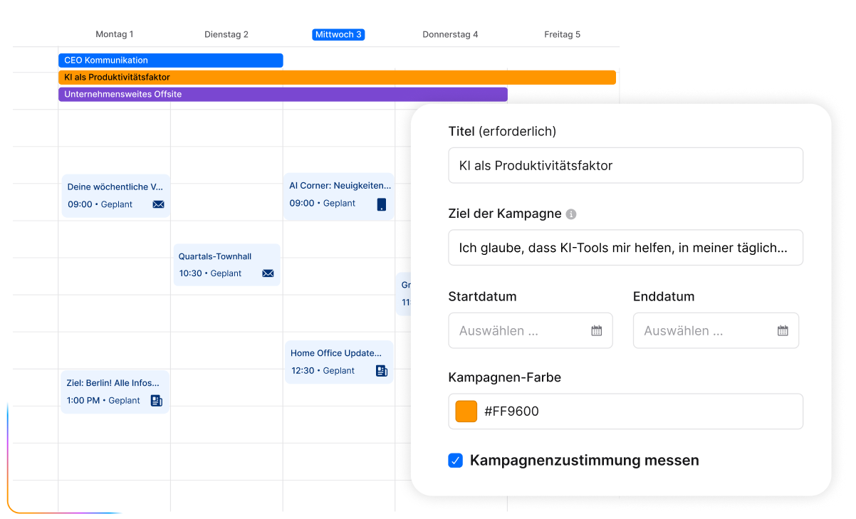Screenshot eines "Editorial Calendar" (Redaktionskalender) in einer Wochenansicht. Es werden geplante Kommunikationsmaßnahmen (wie "CEO Kommunikation", "KI als Produktivitätsfaktor" und "Quartals-Townhall") angezeigt. Rechts überlagert ist ein Pop-up-Fenster zur Bearbeitung einer Kampagne mit dem Titel "KI als Produktivitätsfaktor", dem Ziel (beginnend mit "Ich glaube, dass KI-Tools mir helfen, in meiner täglich..."), und Einstellungen für Start-/Enddatum, Kampagnenfarbe und einer aktivierten Option zur Messung der Kampagnenzustimmung.
