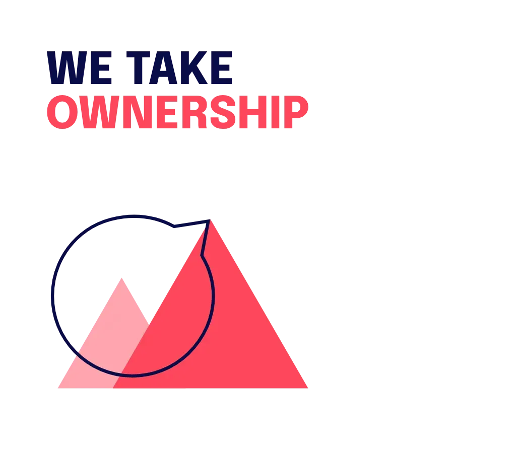 Staffbase brand graphic reading "We take ownership" with a red mountain and speech bubble icon.