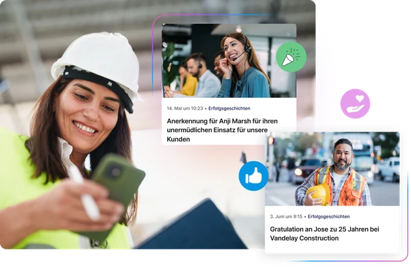 Mitarbeiterin liest Erfolgsnachrichten und Anerkennungen auf dem Smartphone.