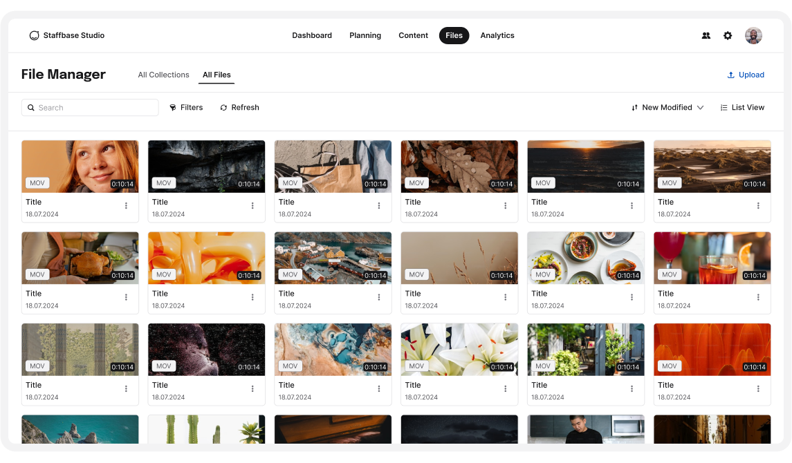 A digital file manager interface displaying various image and video thumbnails with titles, dates, and file types in a grid layout.