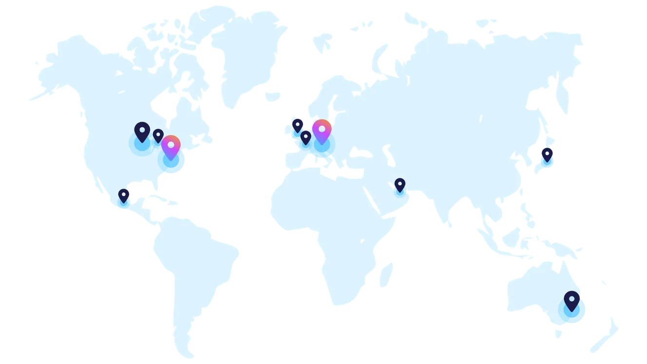 World map with pin markers highlighting Staffbase office locations across North America, Europe, the Middle East, Asia, and Australia.