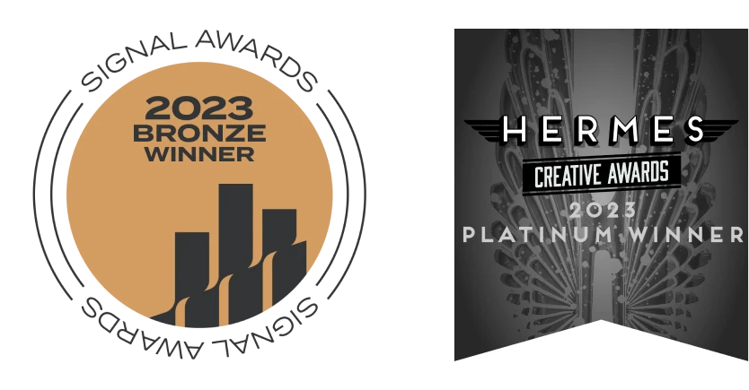 Two award badges: a 2023 Bronze Winner with a bar chart and a Hermes Creative Awards 2023 Platinum Winner with wing design.