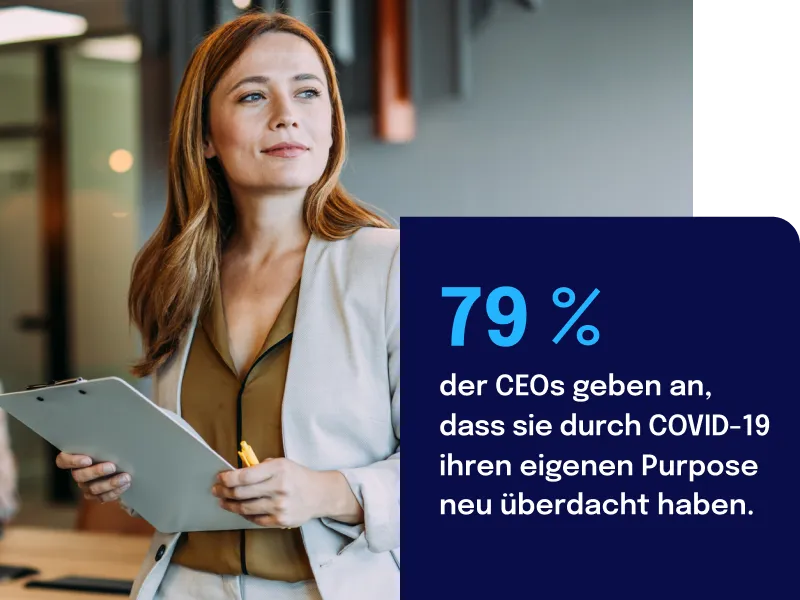Businesswoman holding a clipboard, standing in an office. Text reads: "79% of CEOs say they’ve had to re-evaluate their purpose as a result of COVID-19."