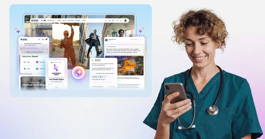 How is AI changing employee experience image featuring a nurse on a mobile devie with an employee experience platform from Staffbase in the background