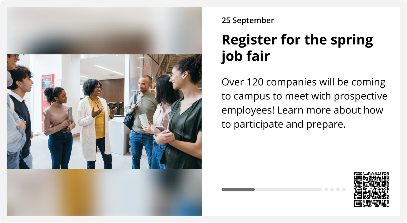A diverse group of people converses in a bright room. Text promotes a spring job fair with over 120 companies, including a QR code for more info.