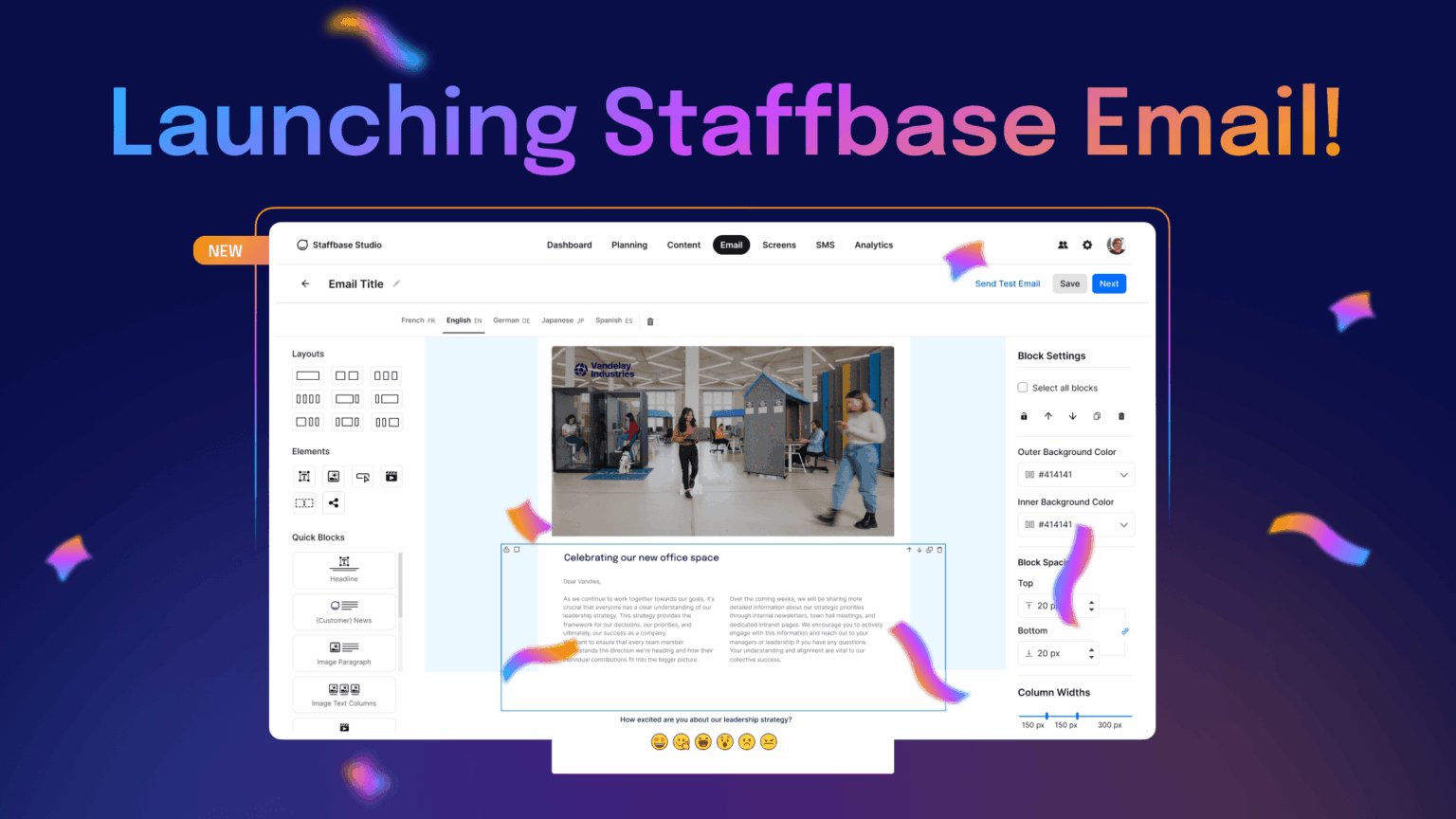 Computer screen displaying an email editor with a photo and text, surrounded by colorful confetti and the text "Launching Staffbase Email!"