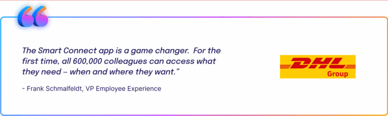 Quote from Frank Schmalfeldt of DHL Group: “The Smart Connect app is a game changer. For the first time, all 600,000 colleagues can access what they need – when and where they want.” DHL Group logo appears on the right.