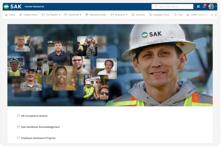 A collage of diverse employees with a central focus on a smiling worker wearing a hard hat and safety vest, under the "SAK Human Resources" banner.