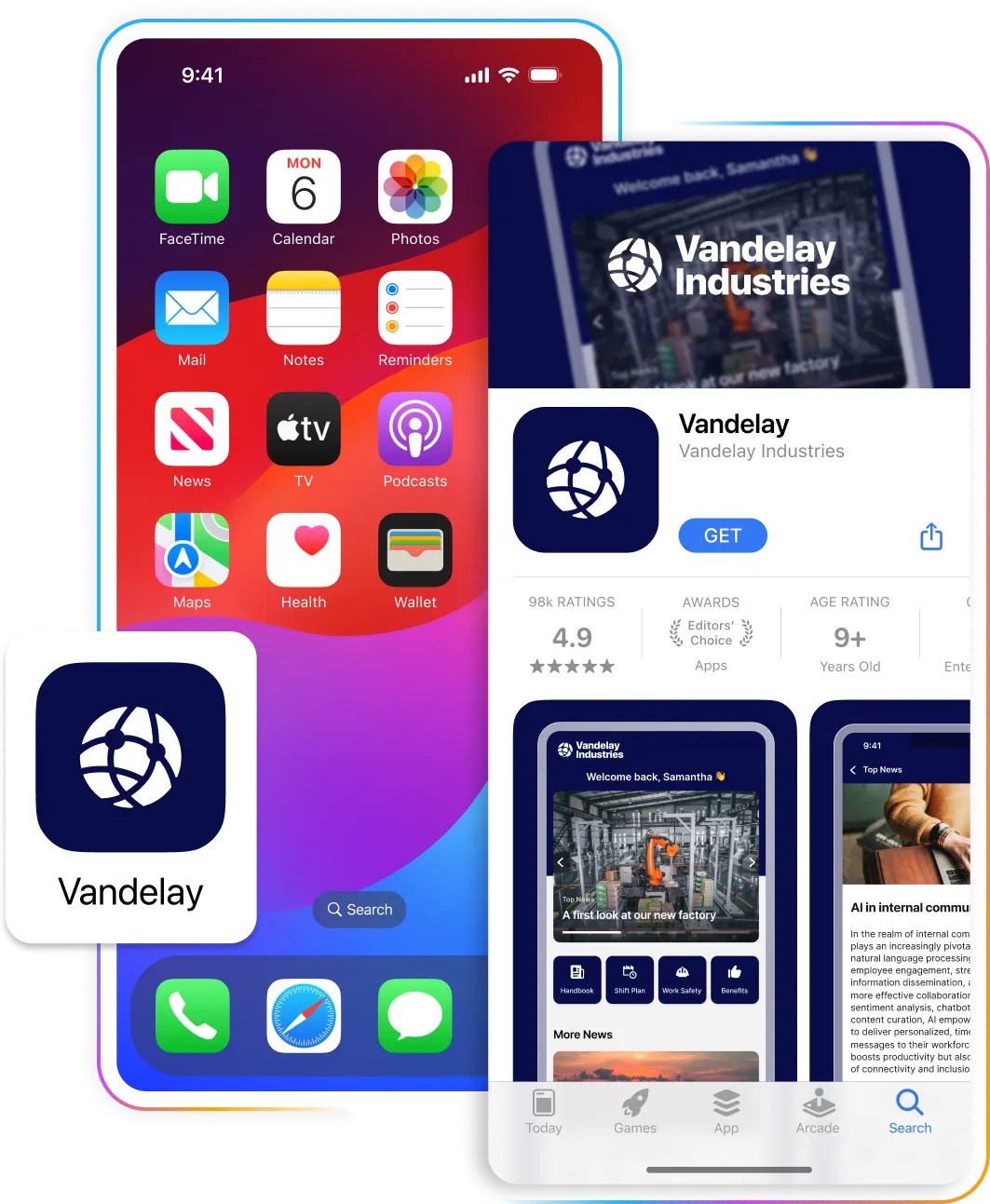 Smartphone screens displaying a home screen with app icons, and an app store page for "Vandelay Industries" with ratings and screenshots.