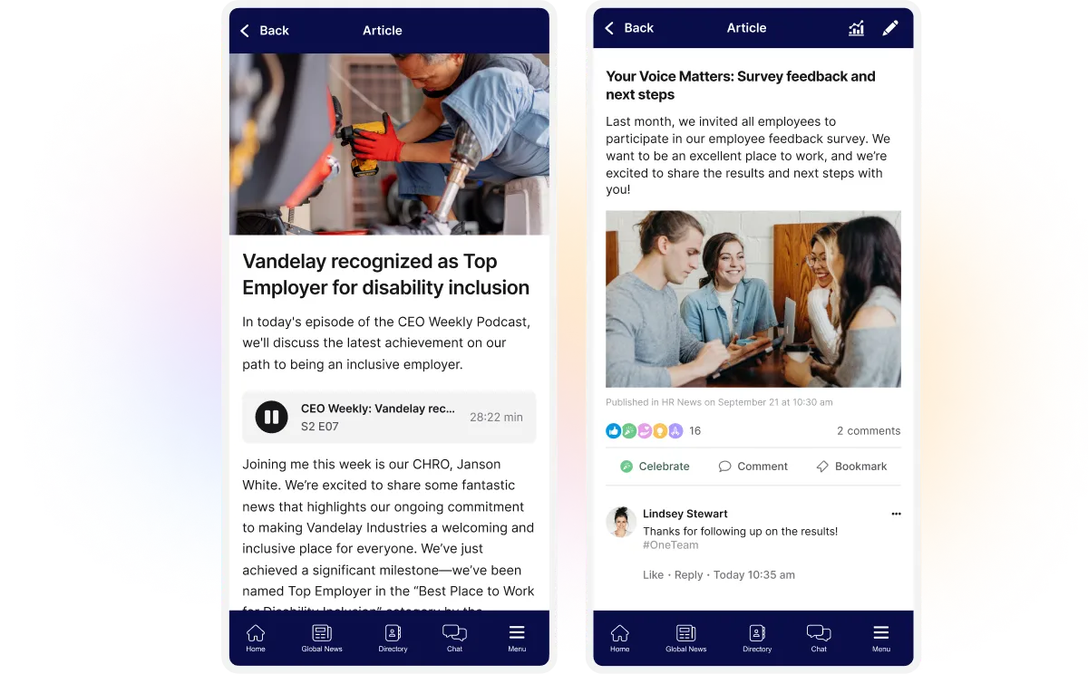 Two mobile screens showing articles: one on Vandelay's top employer recognition, the other on employee feedback survey results.