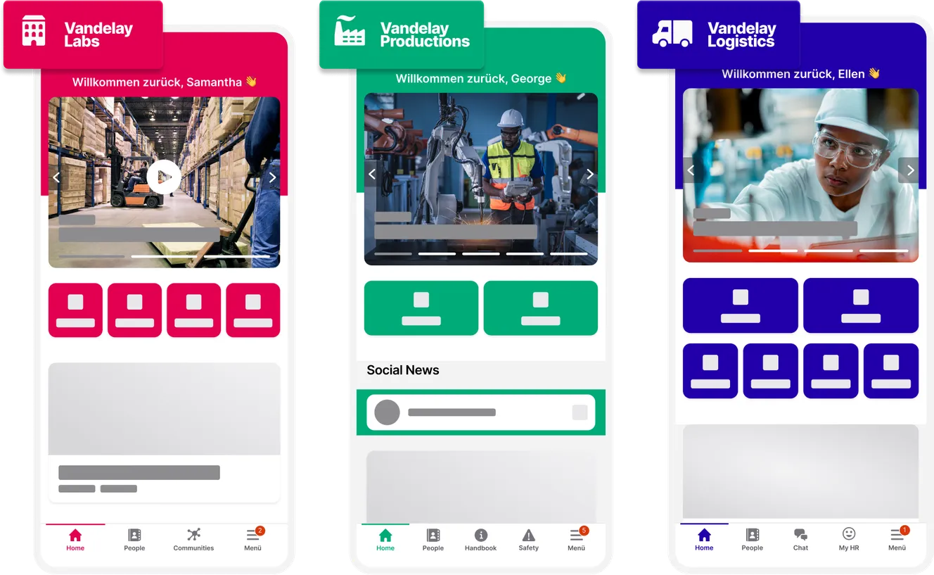 Three mobile app screens for Vandelay Labs, Productions, and Logistics, featuring welcome messages, images, icons, and navigation menus.