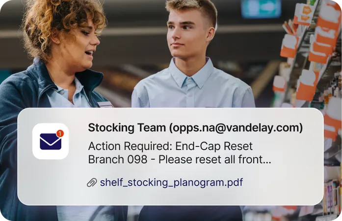 Operations email notification sent to a retail store team about an end-cap reset with a planogram PDF attached