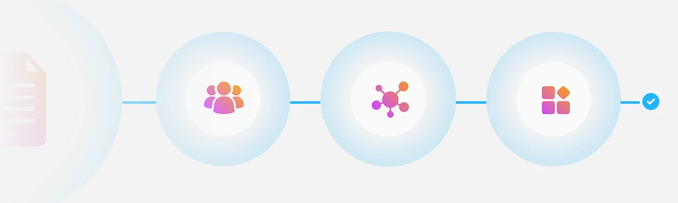 Abstract icons symbolize team collaboration, interconnectedness, and integration, arranged in a sequence on a light background.