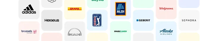 Grid of company logos including Adidas, DHL, Aldi, Walgreens, Sephora, Alaska Airlines, and others on a light background.