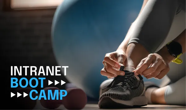 Person tying shoelaces on sneakers, with exercise equipment nearby. Text reads "Intranet Boot Camp" in bold letters.