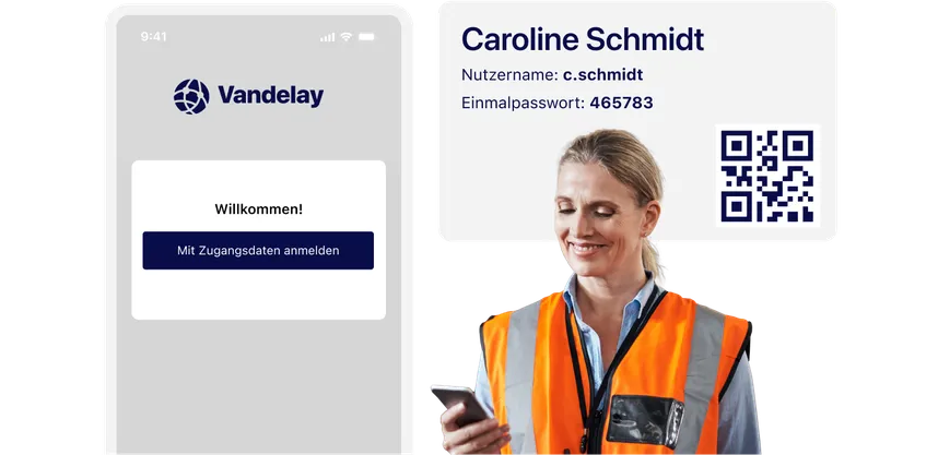 Smartphone showing Vandelay login screen beside a woman in an orange vest holding a phone. ID card displays username, one-time password, and QR code.