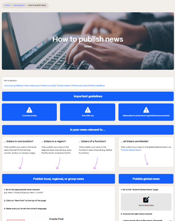 Screenshot of a webpage titled "How to publish news" with blue sections for guidelines, relevance, and steps for local and global news publishing.