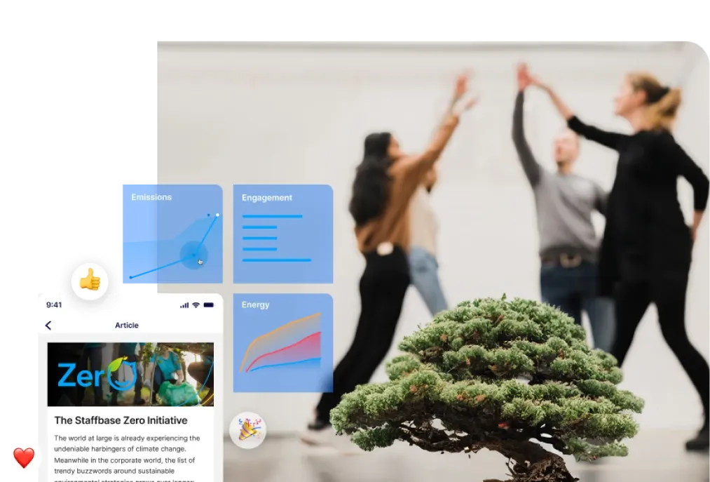 A group of people high-fiving, with graphs labeled Emissions, Engagement, Energy, and a small tree in the foreground.