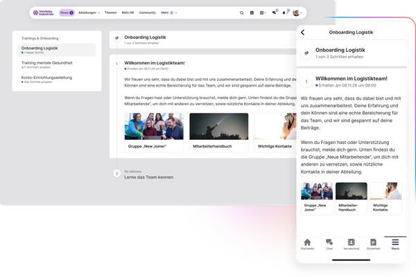 Darstellung einer "Onboarding Logistik"-Journey in der Desktop- und mobilen Ansicht. Die Reise beginnt mit dem ersten Schritt "Willkommen im Logistikteam!", der Kontextinformationen und Quick-Links (z. B. "Mitarbeiterhandbuch", "Wichtige Kontakte") bietet. Die Seitenleiste zeigt den Fortschritt der Journey.