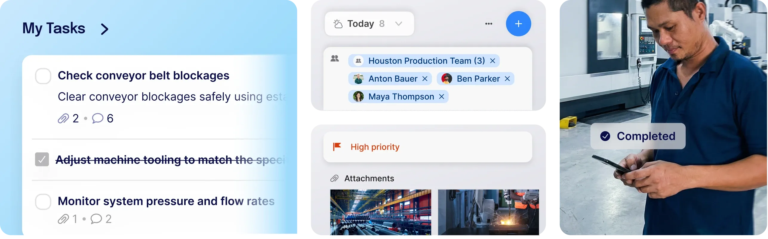 Split screen of task management app, with tasks, team assignments, high priority alerts, attachments, and a person using a device in a workspace.