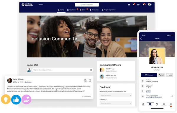 A digital platform displaying an "Inclusion Community" page with user posts, feedback, and member profiles on desktop and mobile screens.